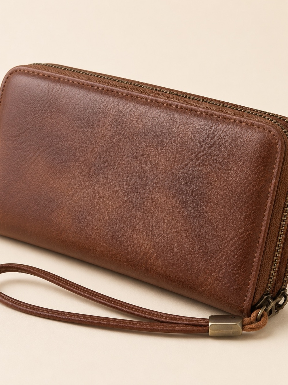 Brown Double-Zip Women Wallet Wristlet